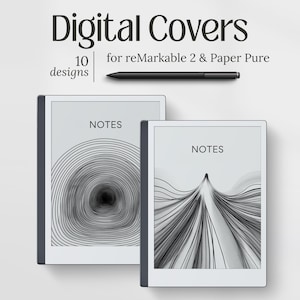 May include: Digital Covers for reMarkable 2 & Paper Pure. The image shows two digital tablets with abstract designs on the screens. The text "NOTES" is visible on each tablet. A black stylus is positioned above the tablets. The text "Digital Covers" and "10 designs" are also visible.