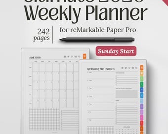 Mallar för reMarkable Paper Pro, veckoplanerare 2026, minimalistiska digitala planeringssidor, PDF-nedladdning