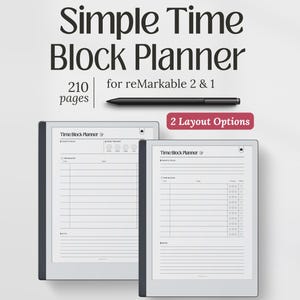 Può includere: Un pianificatore digitale per reMarkable 2 e 1, con un semplice layout a blocchi temporali. L'immagine mostra due tablet digitali con il pianificatore aperto, uno stilo e il testo "Simple Time Block Planner" e "210 pages".