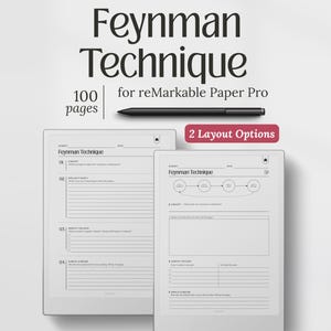 Può includere: Un modello digitale per la tecnica Feynman, progettato per reMarkable Paper Pro. L'immagine mostra due opzioni di layout, ciascuna con suggerimenti per la comprensione dei concetti. Il modello include 100 pagine e una penna.