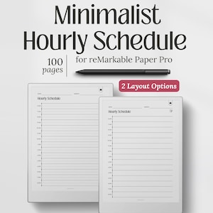 Può includere: Un programma orario minimalista per reMarkable Paper Pro. L'immagine mostra due tablet digitali con un layout di programma orario a righe. Il testo recita "Minimalist Hourly Schedule" e "100 pages". Sono visibili anche uno stilo nero e uno striscione rosso con la scritta "2 Layout Options".
