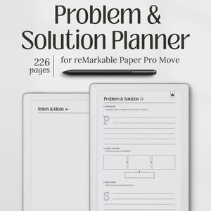 Könnte beinhalten: Ein digitaler Planer namens "Problem & Solution Planner" für reMarkable Paper Pro Move. Das Bild zeigt ein Tablet mit geöffnetem Planer, einen Stift und den Text "226 Seiten". Das Layout des Planers umfasst Abschnitte für Problem, Ursachen und Lösung.