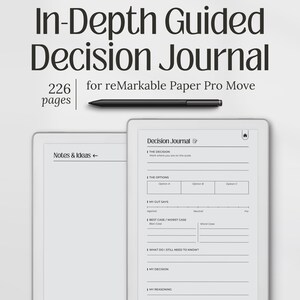 May include: A digital decision journal for reMarkable Paper Pro Move, featuring 226 pages. The image shows a tablet with a stylus, displaying a structured decision-making template with sections for options, gut feelings, and reasoning.