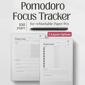 Può includere: Un Pomodoro Focus Tracker digitale per reMarkable Paper Pro, con 100 pagine e due opzioni di layout. L'immagine mostra due notebook digitali con uno stilo nero e il testo "Pomodoro Focus Tracker".