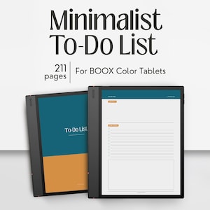 Peut inclure: Un planificateur numérique pour tablettes couleur BOOX intitulé Minimalist To-Do List avec 211 pages. L'écran affiche une couverture bleu sarcelle et orange à côté d'une page blanche avec un en-tête bleu sarcelle et des sections lignées.