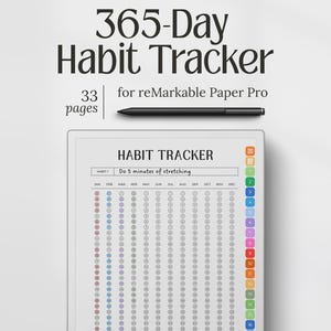 Op de afbeelding: Een 365-Day Habit Tracker digitale planner voor reMarkable Paper Pro met 33 pagina's, voorzien van een zwarte stylus en een scherm met een maandelijks gewoonteraster met genummerde dagen en een kleurrijk verticaal navigatiemenu rechts.