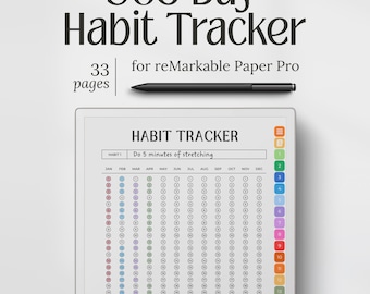 May include: A 365-Day Habit Tracker digital planner for reMarkable Paper Pro with 33 pages, featuring a black stylus and a screen displaying a monthly habit grid with numbered days and a colorful vertical navigation tab menu on the right side.