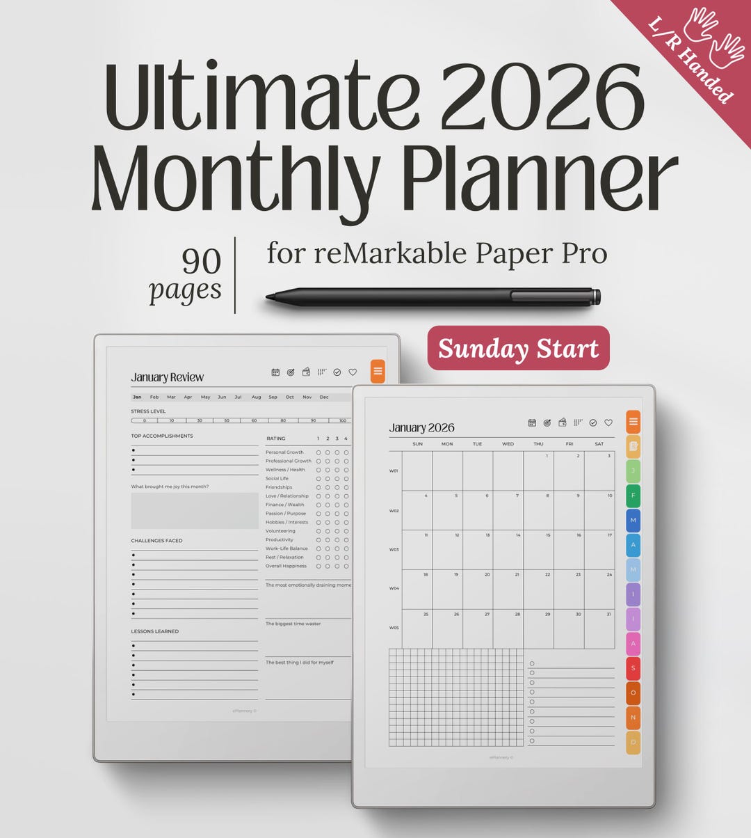 Templates for Remarkable Paper Pro, 2026 Monthly Digital Planner PDF ...