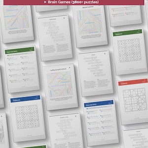 May include: A collection of digital pages featuring Brain Games with 3800+ puzzles, including word searches, crosswords, and Sudoku grids. Each page displays various puzzle types, clues, and solutions with clear black text on white backgrounds.