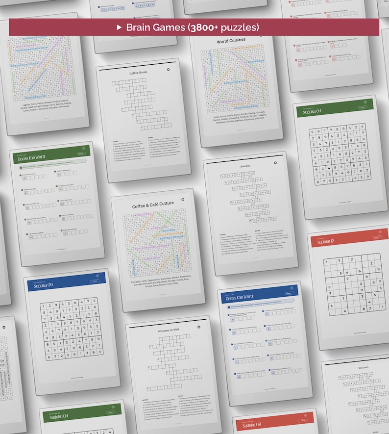 May include: A collection of digital pages featuring Brain Games with 3800+ puzzles, including word searches, crosswords, and Sudoku grids. Each page displays various puzzle types, clues, and solutions with clear black text on white backgrounds.