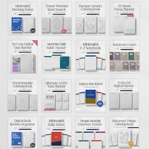 May include: A collection of sixteen digital templates for reMarkable Paper Pro, including planners, coloring books, habit trackers, and organizers. Each square tile displays the title, page count, and preview images of the digital document layouts.