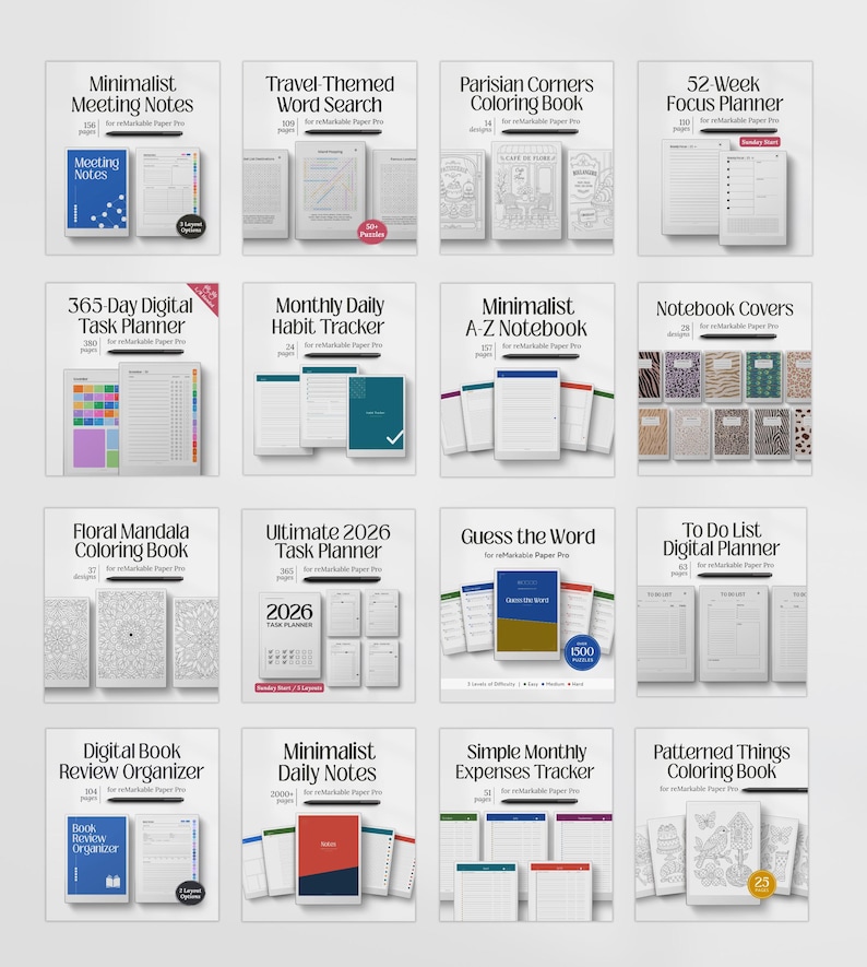 May include: A collection of sixteen digital templates for reMarkable Paper Pro, including planners, coloring books, habit trackers, and organizers. Each square tile displays the title, page count, and preview images of the digital document layouts.