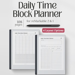 Può includere: Un pianificatore digitale per tablet reMarkable 2 e 1. L'immagine mostra due tablet che visualizzano diversi layout di blocchi temporali giornalieri. Il pianificatore ha 108 pagine e offre 4 opzioni di layout. È inclusa anche una penna stilo nera.