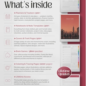 May include: A digital planner bundle infographic titled What's inside, listing categories like Planners & Trackers, Notebooks, Covers, Brain Games, and Coloring Pages. Includes a circular Lifetime Updates badge and previews of various page layouts.