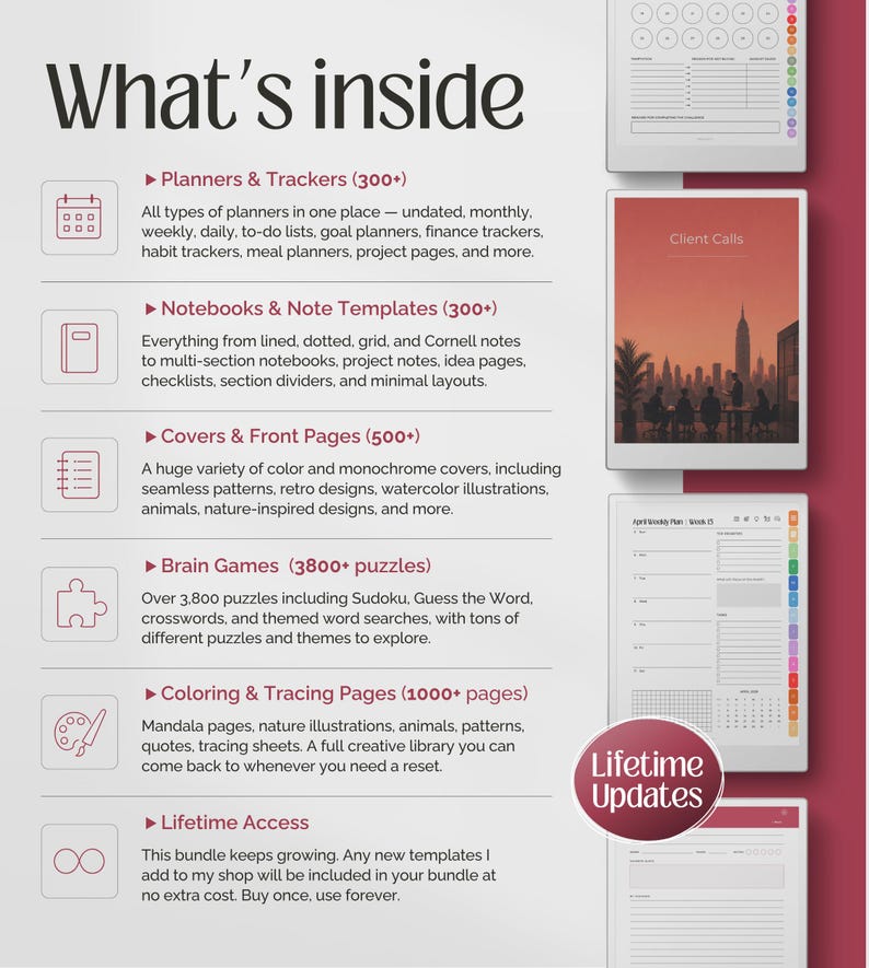 May include: A digital planner bundle infographic titled What's inside, listing categories like Planners & Trackers, Notebooks, Covers, Brain Games, and Coloring Pages. Includes a circular Lifetime Updates badge and previews of various page layouts.
