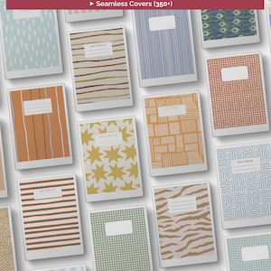May include: A collection of rectangular notebooks featuring various patterns including stripes, stars, checks, and abstract shapes. Each notebook has a white label area with the text NOTEBOOK printed on it. The covers display diverse colors like blue, orange, green, and brown.