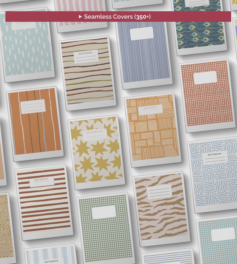May include: A collection of rectangular notebooks featuring various patterns including stripes, stars, checks, and abstract shapes. Each notebook has a white label area with the text NOTEBOOK printed on it. The covers display diverse colors like blue, orange, green, and brown.