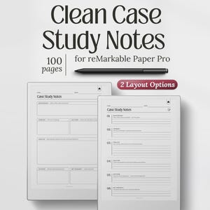Puede incluir: Plantillas digitales de notas tituladas Clean Case Study Notes para reMarkable Paper Pro, con 100 páginas y 2 opciones de diseño. La pantalla muestra dos estructuras de documentos distintas con secciones para antecedentes, problema y análisis.
