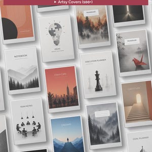 May include: A collection of rectangular notebook covers featuring diverse graphic designs, including landscapes, chess pieces, city skylines, and abstract shapes. Text labels include Artsy Covers (100+), Notebook, Ideas, Execution Planner, Client Calls, Team Notes, Dreams, Gratitude, and Goal Planner.