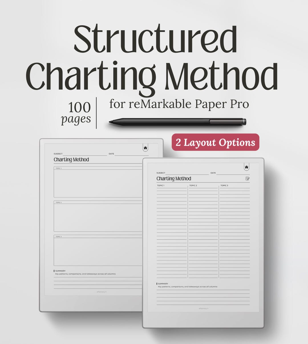 Templates for Remarkable Paper Pro, Charting Method Planner, Note ...