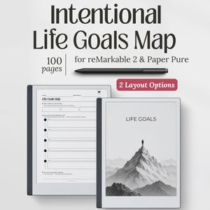 Peut inclure: Un planificateur numérique "Intentional Life Goals Map" pour les appareils reMarkable 2 et Paper Pure. L'image présente deux options de mise en page, l'une avec un modèle d'objectifs structuré et l'autre avec une scène de montagne et les mots "Life Goals". 100 pages.