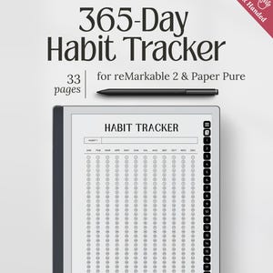 Puede incluir: Un rastreador de hábitos digital de 365 días para reMarkable 2 y Paper Pure, con 33 páginas. La imagen muestra una tableta con un lápiz óptico negro y las palabras "Habit Tracker" en la parte superior. El rastreador incluye un diseño de calendario.