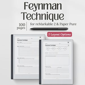 Könnte beinhalten: Zwei digitale Tablets mit dem Text "Feynman Technique" und "100 Seiten". Ein schwarzer Stift liegt über den Tablets. Der Text "for reMarkable 2 & Paper Pure" ist ebenfalls sichtbar. Die Tablets haben zwei Layout-Optionen.