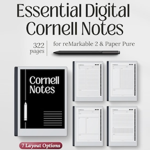 May include: A digital planner titled Essential Digital Cornell Notes with 322 pages for reMarkable 2 and Paper Pure. The set includes a black stylus and four tablet screens displaying various Cornell note-taking layouts with seven layout options.