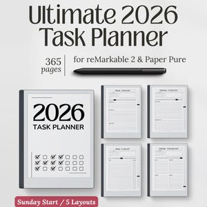 Può includere: Un Ultimate 2026 Task Planner per reMarkable 2 & Paper Pure. L'immagine mostra un'agenda digitale con 365 pagine e 5 layout. L'agenda include una penna stilo e il testo "2026 Task Planner".