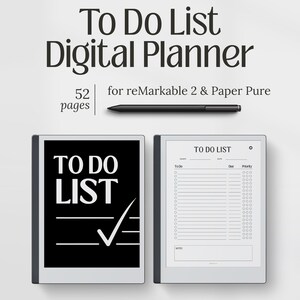 Może przedstawiać: Cyfrowy planer dla reMarkable 2 i Paper Pure z 52 stronami, zawierający czarny rysik i dwa ekrany tabletów. Jeden ekran wyświetla czarne tło z białym napisem TO DO LIST i znacznikiem, drugi biały szablon listy z polami do wypełnienia.
