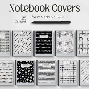 以下が含まれることがあります： reMarkable 1 & 2 用のノートブックカバー、25のデザイン。ドット、線、円など、さまざまな白黒パターンが特徴です。黒いスタイラスも画像に表示されています。