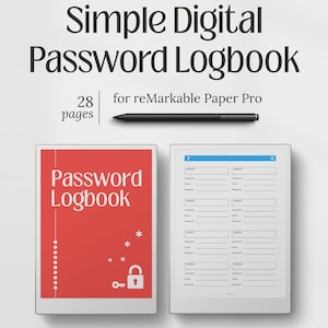 Puede incluir: Un libro de registro de contraseñas digital para reMarkable Paper Pro de 28 páginas. La pantalla muestra una portada roja con un icono de candado y llave en blanco, y una página interior blanca con campos para sitio web, nombre de usuario, correo electrónico y contraseña. Se incluye un lápiz óptico negro.
