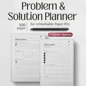 Peut inclure: Un planificateur numérique Problem & Solution pour reMarkable Paper Pro avec 100 pages et 2 options de mise en page. Le planificateur affiche deux écrans de tablette blancs avec du texte, des lignes et des cases noirs, accompagné d'un stylet noir.