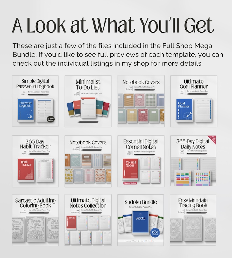 May include: A digital template bundle for reMarkable Paper Pro featuring twelve categories including a password logbook, to-do list, notebook covers, goal planner, habit tracker, Cornell notes, daily notes, coloring book, notes, and sudoku.