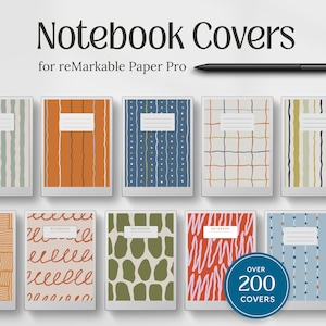 May include: A collection of digital notebook covers for reMarkable Paper Pro, featuring various patterns including stripes, grids, and organic shapes. A black stylus is positioned above the covers. Text reads: Notebook Covers for reMarkable Paper Pro and Over 200 Covers.