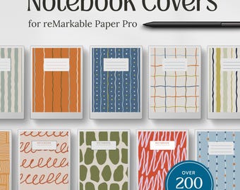 以下が含まれることがあります： reMarkable Paper Pro用のノートブックカバーコレクション。ストライプ、グリッド、有機的な形状など、さまざまなパターンが特徴です。カバーの上には黒いスタイラスペンが配置されています。テキストには「Notebook Covers for reMarkable Paper Pro」および「Over 200 Covers」と記載されています。