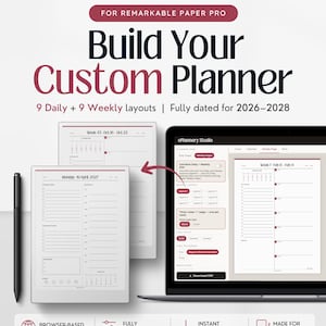 Daily Weekly Planner Builder reMarkable Paper Pro, 2026, 2027, 2028, Customizable PDF Digital Download