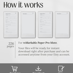 May include: Image showing the steps to use a digital journal on a reMarkable Paper Pro Move. The image includes the text "How it works", "226 pages", and icons for purchase, download, and use.
