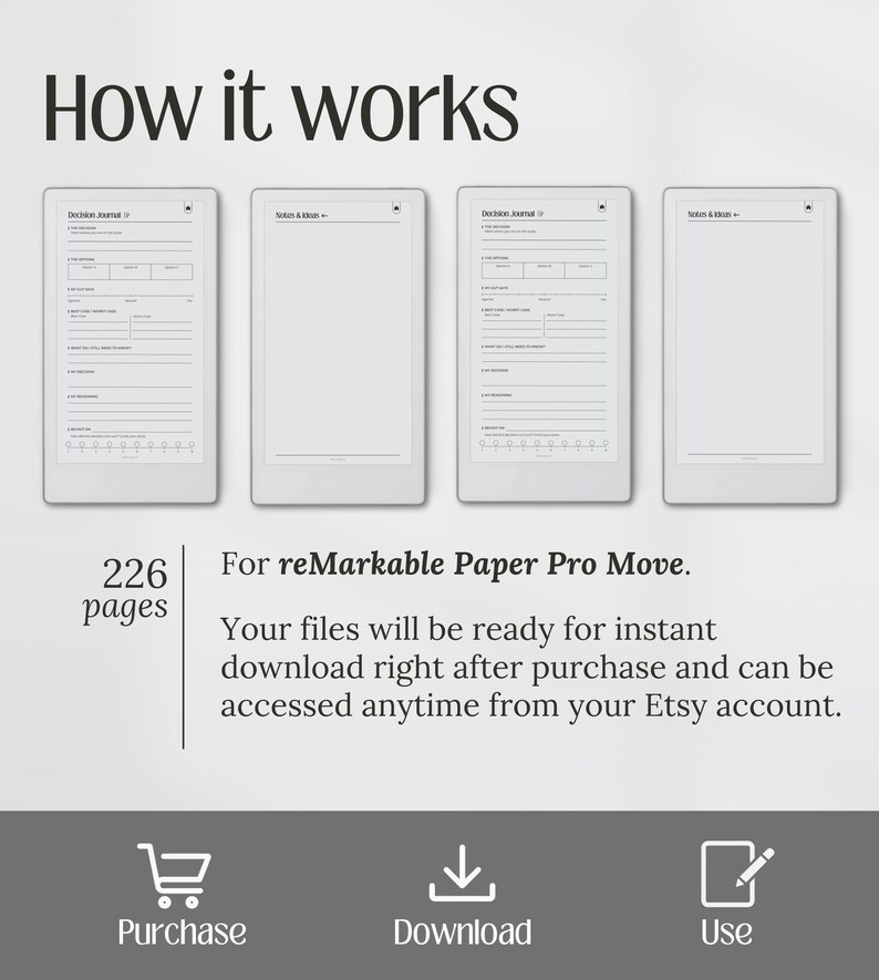 May include: Image showing the steps to use a digital journal on a reMarkable Paper Pro Move. The image includes the text "How it works", "226 pages", and icons for purchase, download, and use.