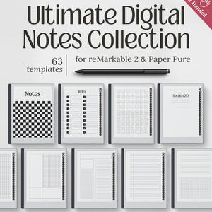 May include: Ultimate Digital Notes Collection for reMarkable 2 & Paper Pure. The image displays digital templates with different layouts, such as grid, lined, and checklist designs. A black stylus is also visible. The text reads "63 templates".