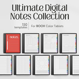 May include: A digital collection of 150 templates for BOOX color tablets, featuring various layouts including lined notes, savings trackers, meeting notes, habit trackers, grids, mind maps, and planners with colorful side tabs on black tablets.