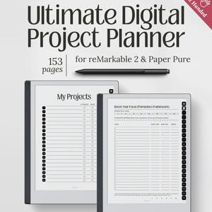 May include: An Ultimate Digital Project Planner for reMarkable 2 & Paper Pure, featuring 153 pages. The image shows two digital tablets with project planning templates, a stylus, and the text "My Projects" and "Boost Your Focus".