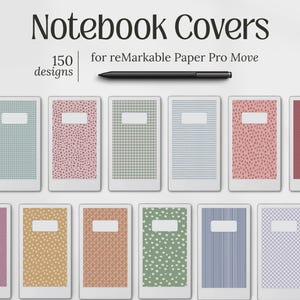 Könnte beinhalten: Notizbuchhüllen für reMarkable Paper Pro Move. Das Bild zeigt eine Vielzahl von Hüllen mit verschiedenen Mustern und Farben, darunter blaues Vichy, rosa Blumenmuster und grüne Sterndesigns. Ein schwarzer Stift ist ebenfalls vorhanden. Der Text lautet "150 Designs."