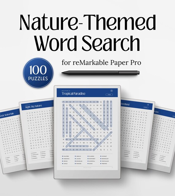 Word Search Book for reMarkable Paper Pro, 100 Nature-Themed Puzzles with Solutions, PDF Download