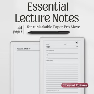 以下が含まれることがあります： reMarkable Paper Pro Move用のEssential Lecture Notes。44ページと黒いスタイラスペンが含まれています。デジタルテンプレートには、Topic、Date、Key Concepts、Main Notes、Questions That Came Up、Summary in My Own Wordsのセクションがあるレイアウトが表示されています。