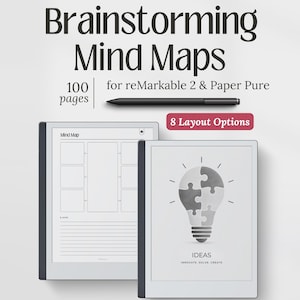 May include: A digital notebook with the text "Brainstorming Mind Maps" and "100 pages". The image shows two tablets with mind map layouts and a stylus. The text "8 Layout Options" is also visible.