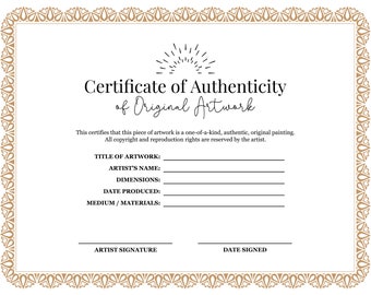 Printable Certificate of Authenticity for Artists / Painters - Digital Download