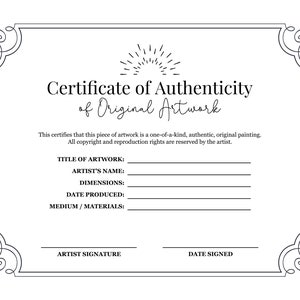 Printable Certificate of Authenticity for Artists / Painters - Digital Download