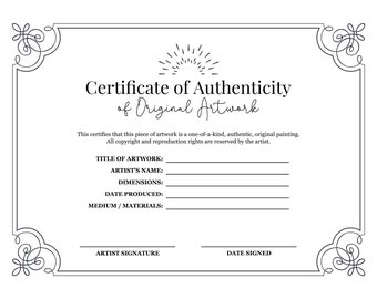 Printable Certificate of Authenticity for Artists / Painters - Digital Download