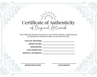 Printable Certificate of Authenticity for Artists / Painters - Digital Download